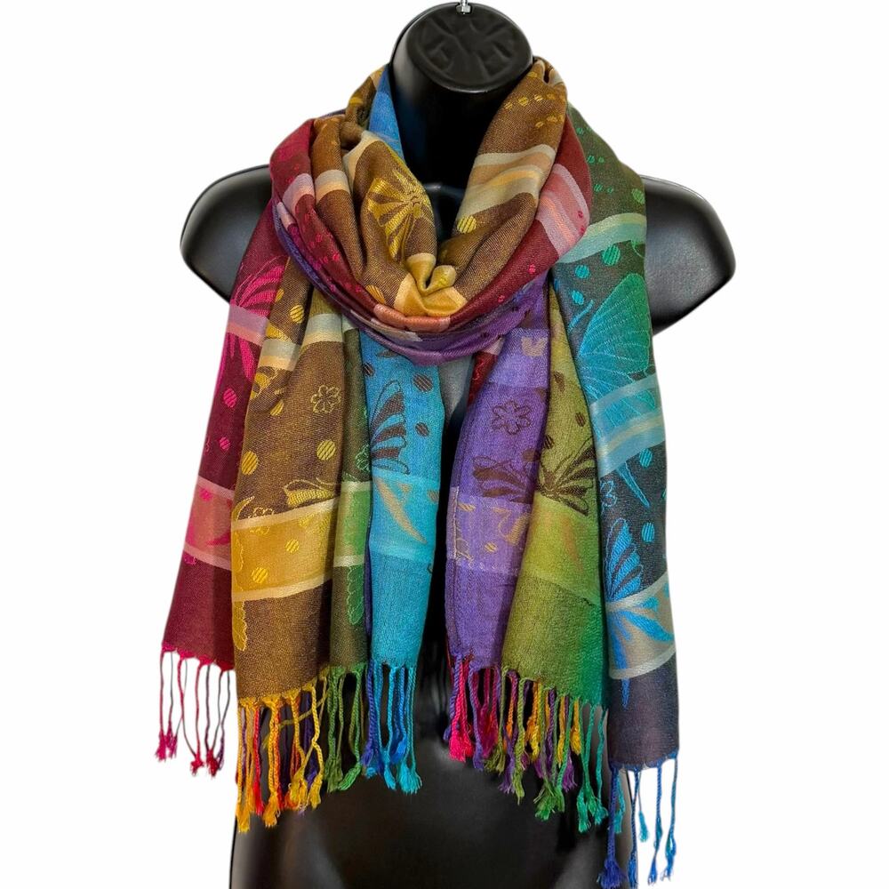 Y2K Festival Rainbow Pashmina Shawl Scarf Fringe Butterfly Dragonfly Boho Wrap